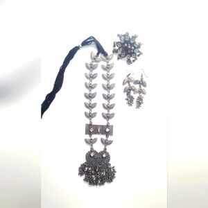 Oxidised Black Polish Kundan Long Mala Necklace, Earring and Ring Set